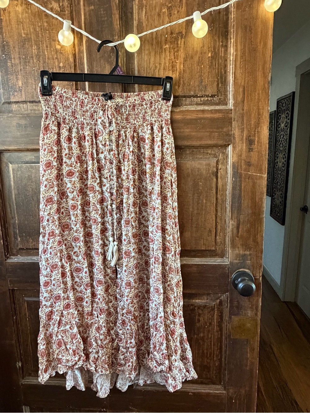 Floral Rust Midi Skirt with Smocked Waist